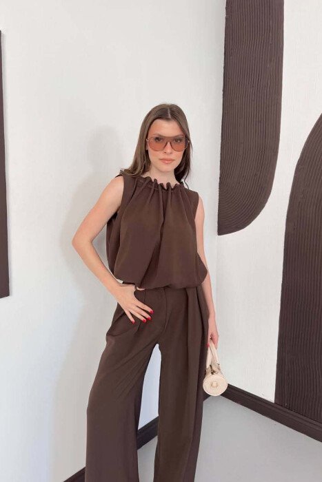 ONE COLOR TANK TOP + WIDE LEG TROUSERS WOMAN SET DARK BROWN/KAE - 7
