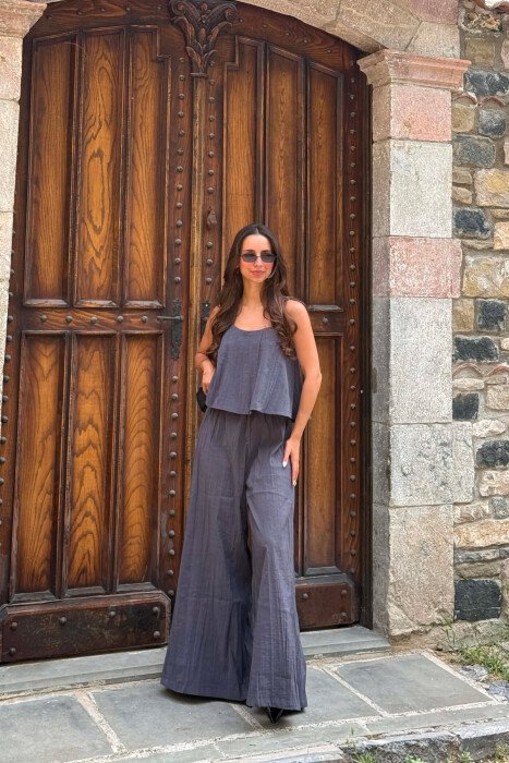 ONE COLOR TANK TOP+ WIDE LEG TROUSERS WOMAN SET DARK GREY/GEE - 2