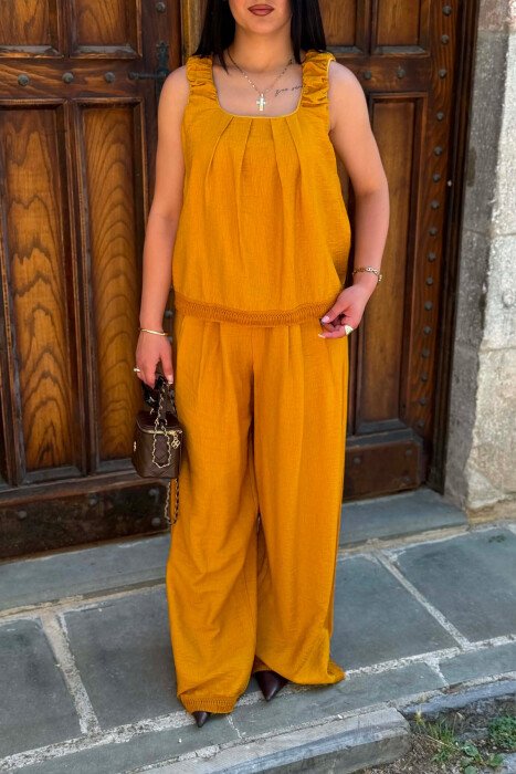 ONE COLOR TANK TOP + WIDE LEG TROUSERS WOMAN SET MUSTARD/MUSTARDE - 3