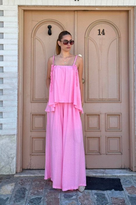 SET NJE NGJYRESH KANATJERE + PANTALLONA TE GJERA PER FEMRA NE NGJYRE ROZE 
