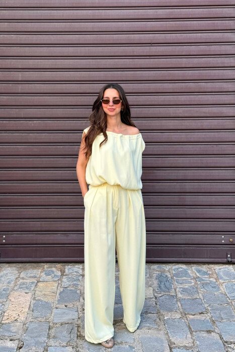ONE COLOR TANK TOP + WIDE LEG TROUSERS WOMAN SET YELLOW/E VERDHE - KLAUDIO FASHION