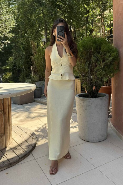 ONE COLOR TANK TOP+SKIRT WOMEN SET YELLOW/E VERDHE - KLAUDIO FASHION