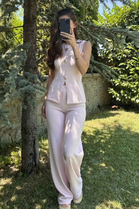ONE COLOR TANK TOP+TROUSERS WOMEN SET BABY PINK/ROZB - KLAUDIO FASHION