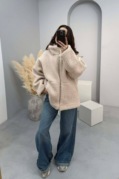 ONE COLOR TEDDY BEAR WOMEN JACKET CREAM/KREM - KLAUDIO FASHION