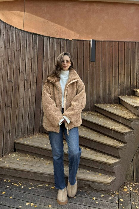 ONE COLOR TEDDY BEAR WOMEN JACKET LIGHT BROWN/KAZB - KLAUDIO FASHION