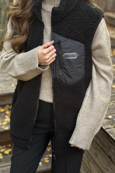ONE COLOR TEDDY ZIPPER WOMEN VEST BLACK/ E ZEZE 