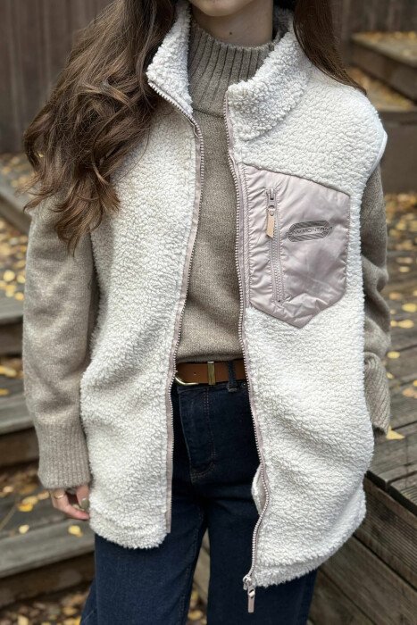 ONE COLOR TEDDY ZIPPER WOMEN VEST CREAM/KREM 