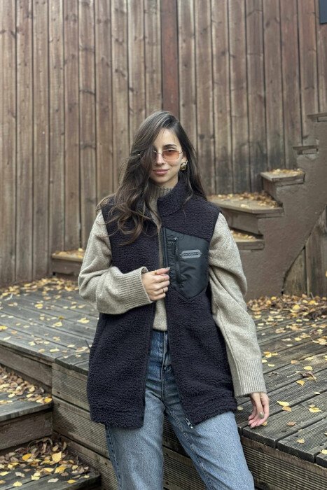 ONE COLOR TEDDY ZIPPER WOMEN VEST DARK GREY/GEE - 3