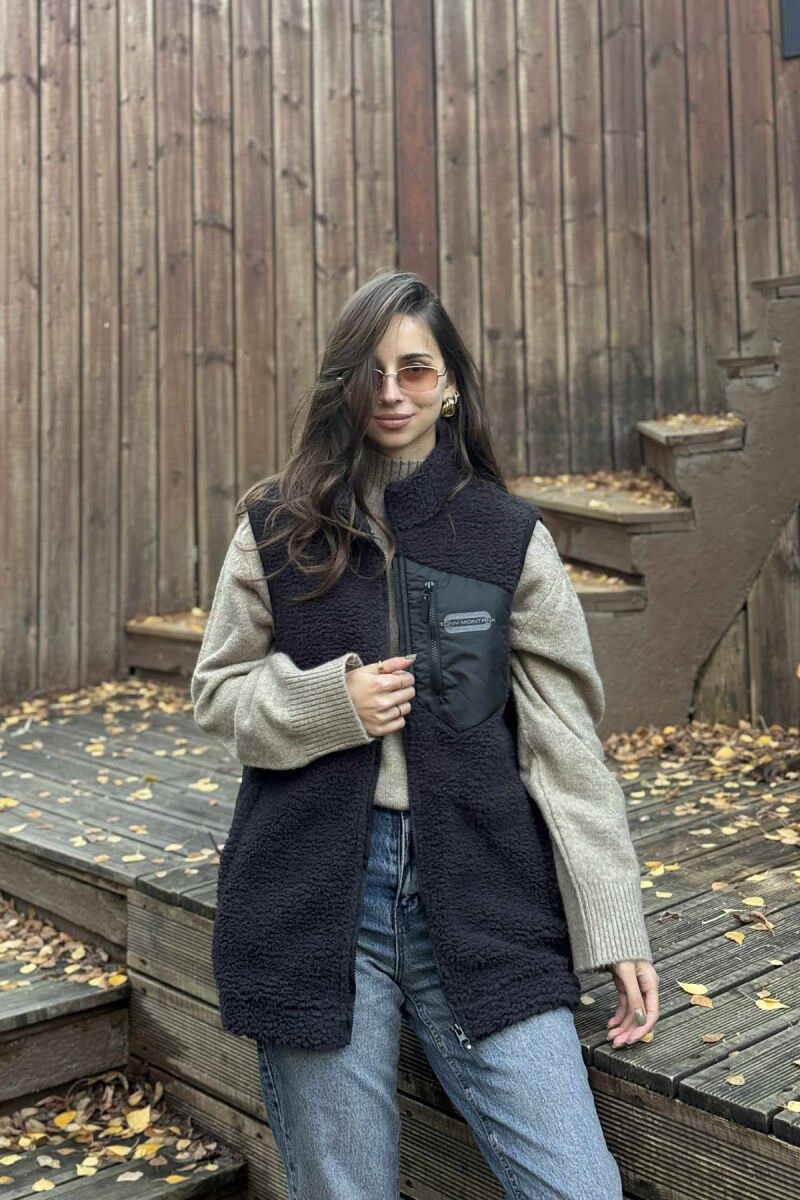 ONE COLOR TEDDY ZIPPER WOMEN VEST DARK GREY/GEE - 3