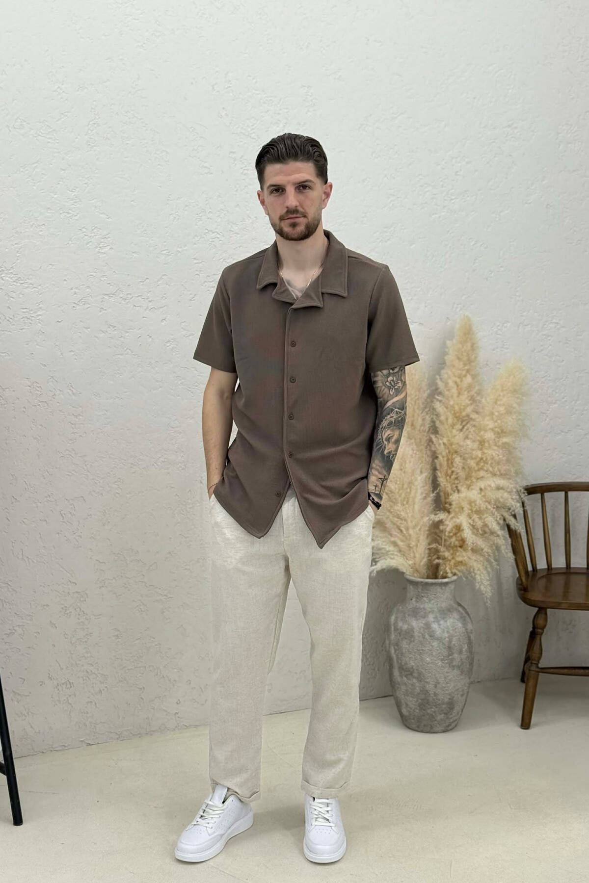 ONE COLOR TEXTURED MEN SHIRT LIGHT BROWN/KAZB SHIRTS KLAUDIO