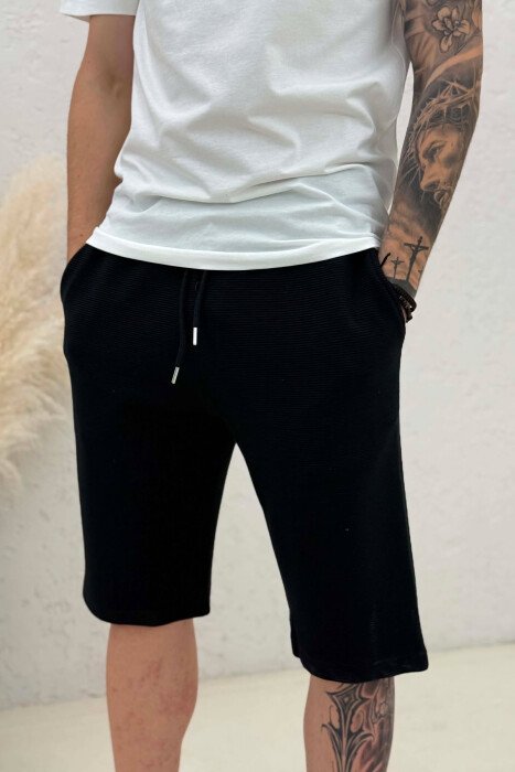 ONE COLOR TEXTURED MEN SHORT SWEATPANTS BLACK/ E ZEZE - 2