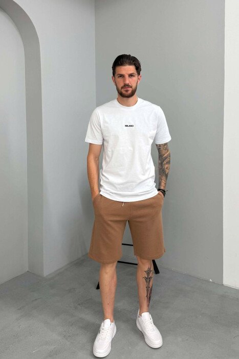 ONE COLOR TEXTURED MEN SHORT SWEATPANTS BROWN/KAFE 