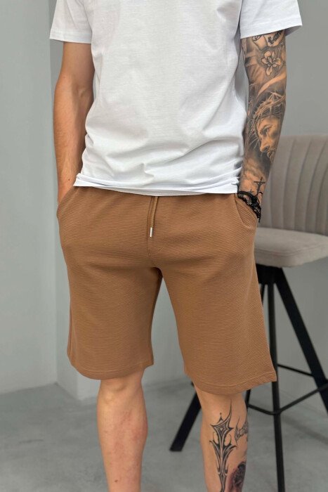 ONE COLOR TEXTURED MEN SHORT SWEATPANTS BROWN/KAFE - 2