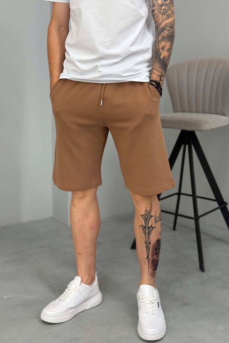 ONE COLOR TEXTURED MEN SHORT SWEATPANTS BROWN/KAFE - 4