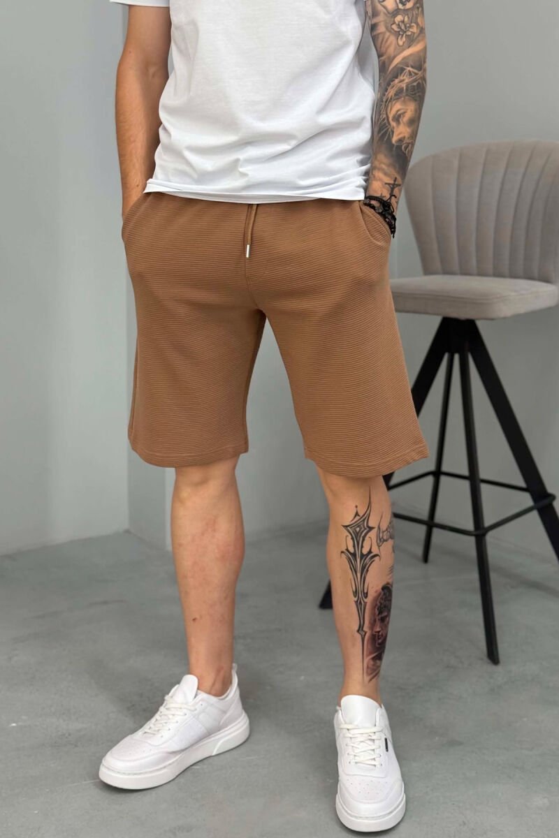 ONE COLOR TEXTURED MEN SHORT SWEATPANTS BROWN/KAFE - 4
