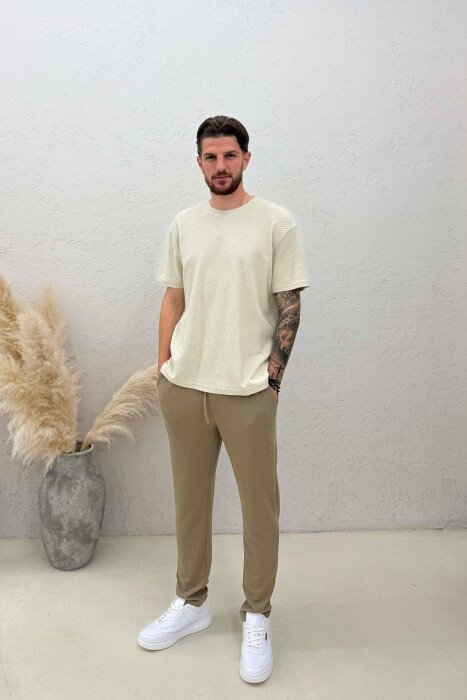 ONE COLOR TEXTURED MEN SWEATPANTS LIGHT BROWN/KAZB - 1