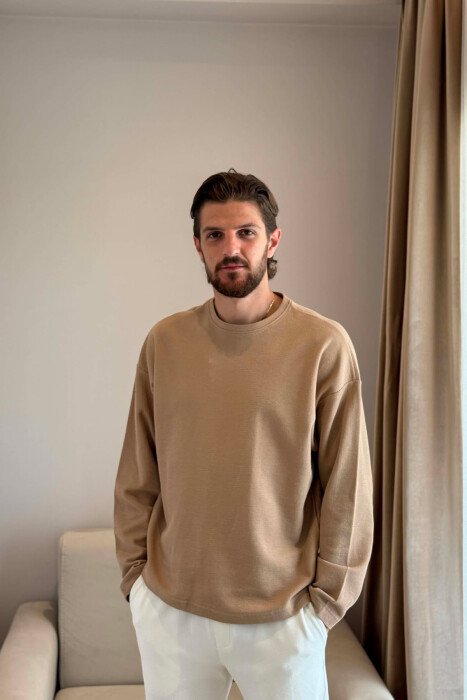 ONE COLOR TEXTURED MEN SWEATSHIRT BEIGE/BEZHE - KLAUDIO FASHION
