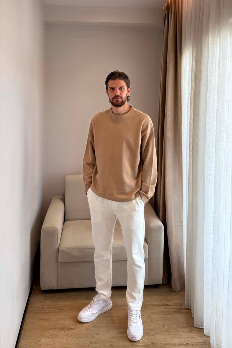 ONE COLOR TEXTURED MEN SWEATSHIRT BEIGE/BEZHE - 4