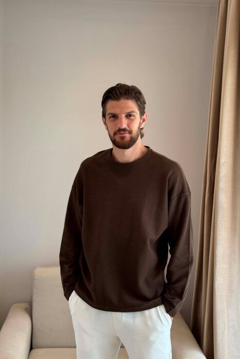 ONE COLOR TEXTURED MEN SWEATSHIRT BROWN/KAFE - KLAUDIO FASHION