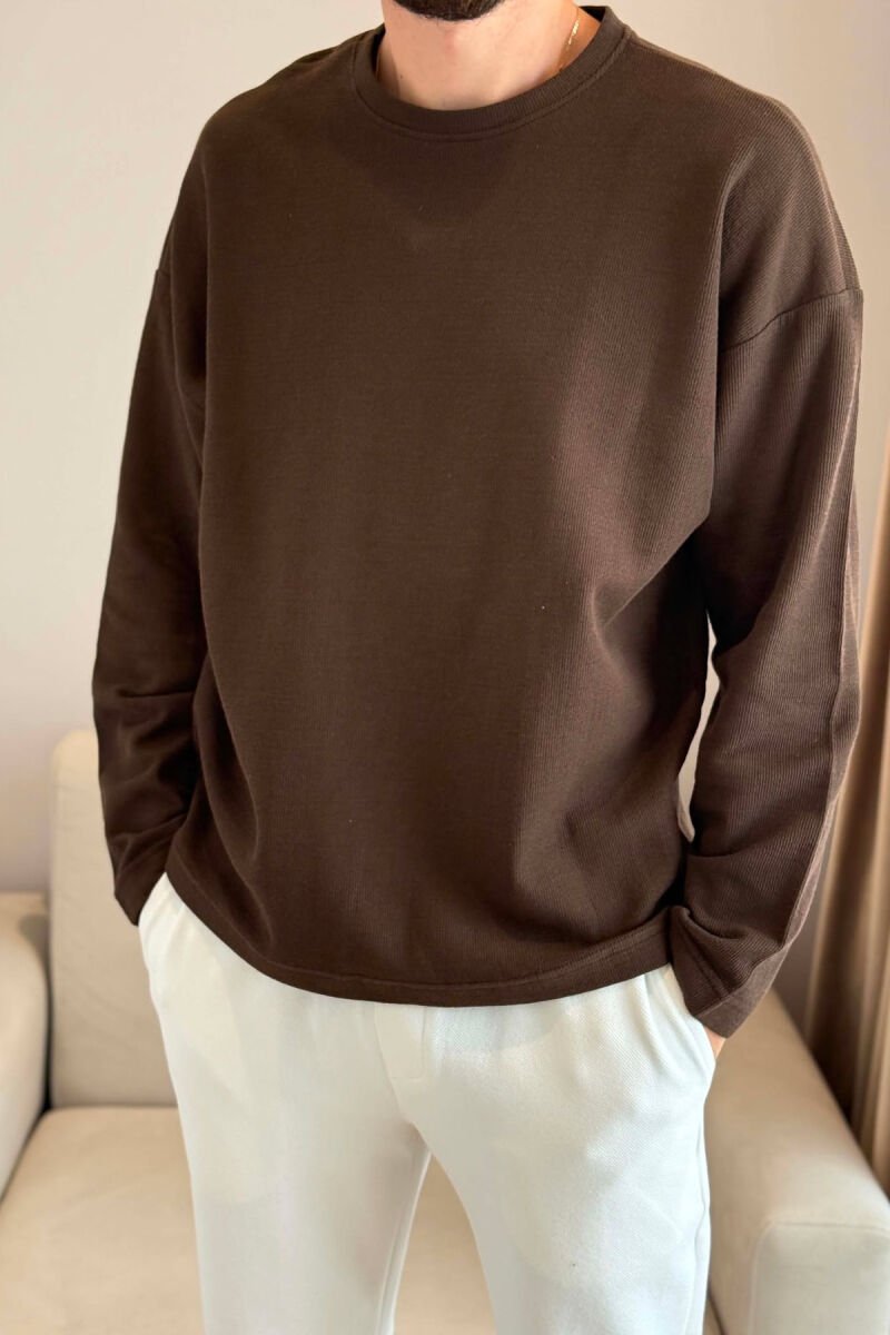 ONE COLOR TEXTURED MEN SWEATSHIRT BROWN/KAFE - 4