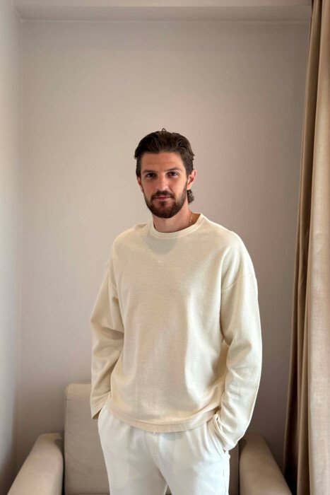 ONE COLOR TEXTURED MEN SWEATSHIRT CREAM/KREM - KLAUDIO FASHION