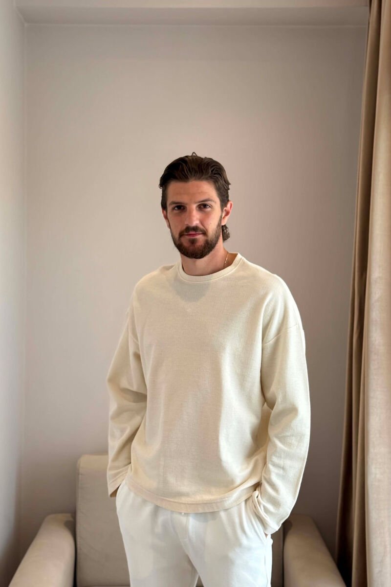 ONE COLOR TEXTURED MEN SWEATSHIRT CREAM/KREM - 1