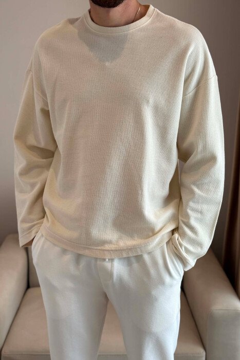 ONE COLOR TEXTURED MEN SWEATSHIRT CREAM/KREM - 2