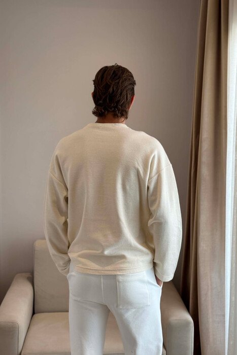 ONE COLOR TEXTURED MEN SWEATSHIRT CREAM/KREM - 3