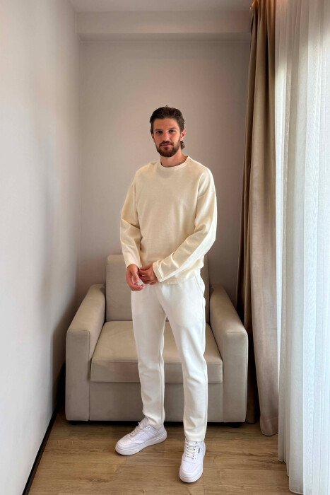 ONE COLOR TEXTURED MEN SWEATSHIRT CREAM/KREM - 4