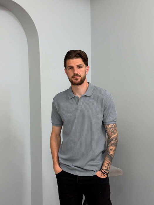 ONE COLOR TEXTURED MEN T-SHIRT LIGHT GREY/GZ - KLAUDIO FASHION