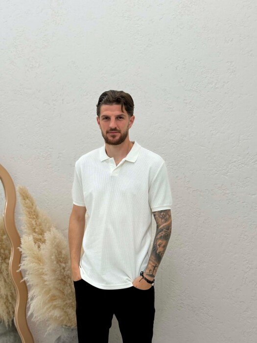 ONE COLOR TEXTURED MEN T-SHIRT WHITE-E BARDHE - KLAUDIO FASHION