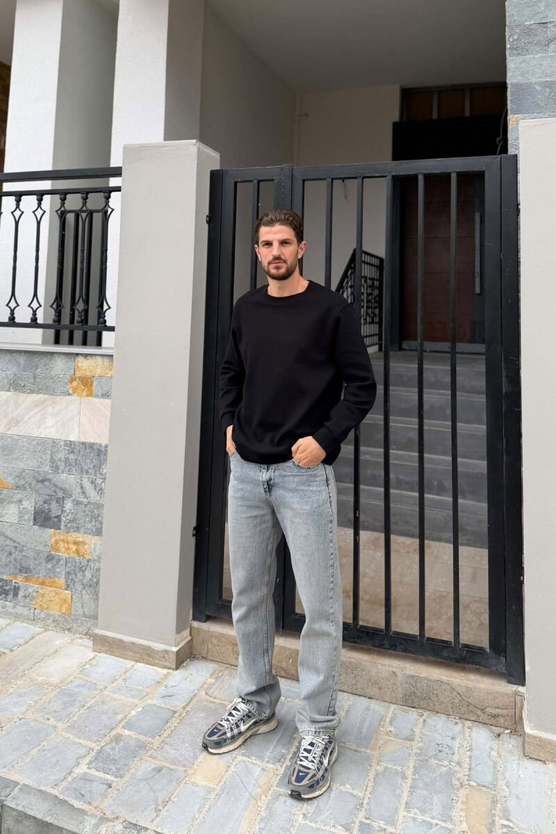 ONE COLOR TEXTURED ROUND NECK MEN SWEATSHIRT BLACK/ E ZEZE - 3