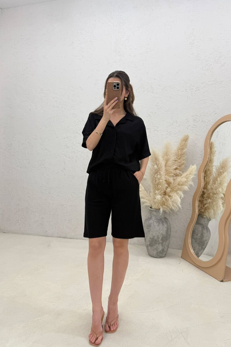 ONE COLOR TEXTURED SHIRT+ SHORTS WOMAN SET BLACK/ E ZEZE - 1