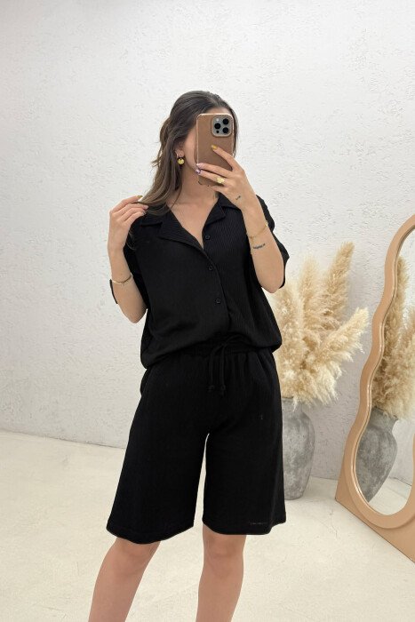 ONE COLOR TEXTURED SHIRT+ SHORTS WOMAN SET BLACK/ E ZEZE - 2