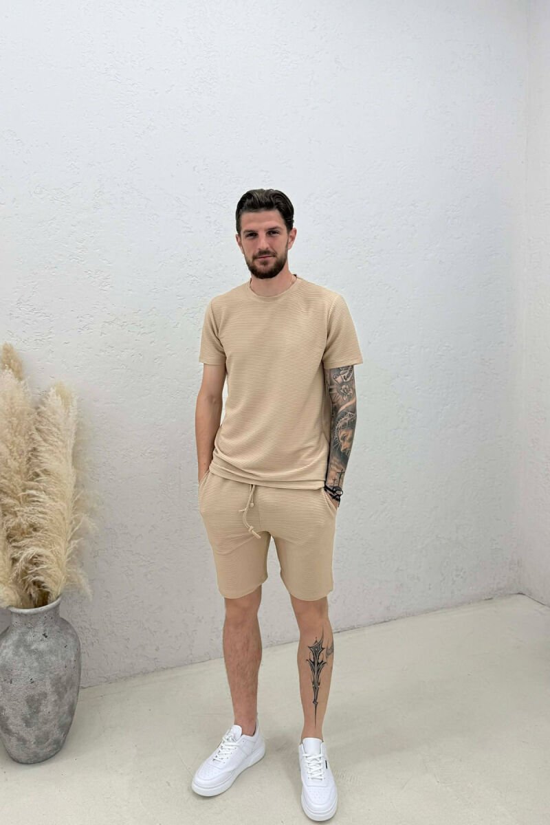 ONE COLOR TEXTURED SHIRT + SHORTS MEN SET BEIGE/BEZHE - 1