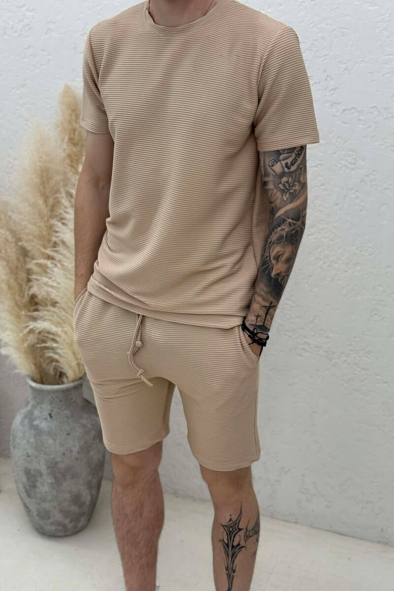ONE COLOR TEXTURED SHIRT + SHORTS MEN SET BEIGE/BEZHE - 2