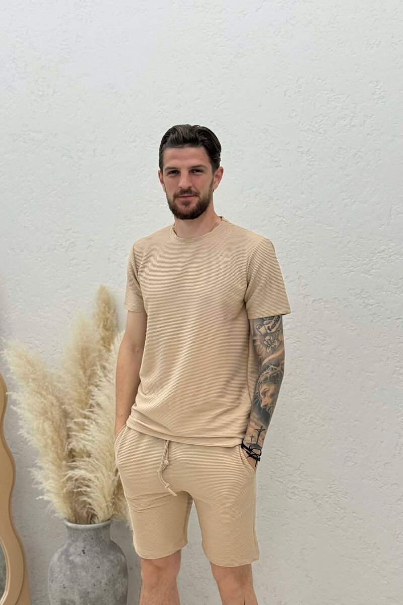 ONE COLOR TEXTURED SHIRT + SHORTS MEN SET BEIGE/BEZHE - 3