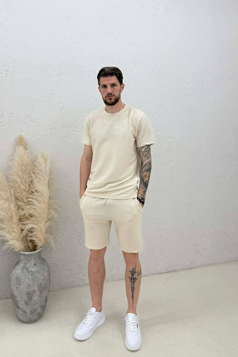 ONE COLOR TEXTURED SHIRT + SHORTS MEN SET CREAM/KREM - 1