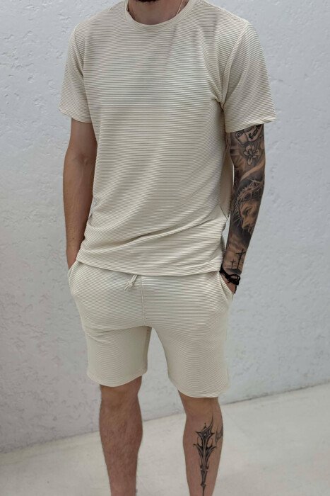 ONE COLOR TEXTURED SHIRT + SHORTS MEN SET CREAM/KREM - 2