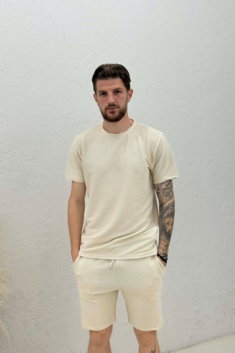 ONE COLOR TEXTURED SHIRT + SHORTS MEN SET CREAM/KREM - 3