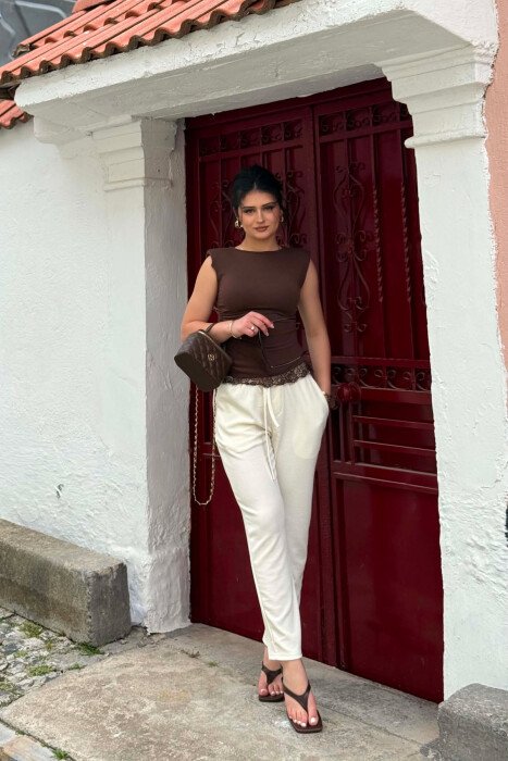 ONE COLOR TEXTURED WOMEN SWEATPANTS CREAM/KREM - 6