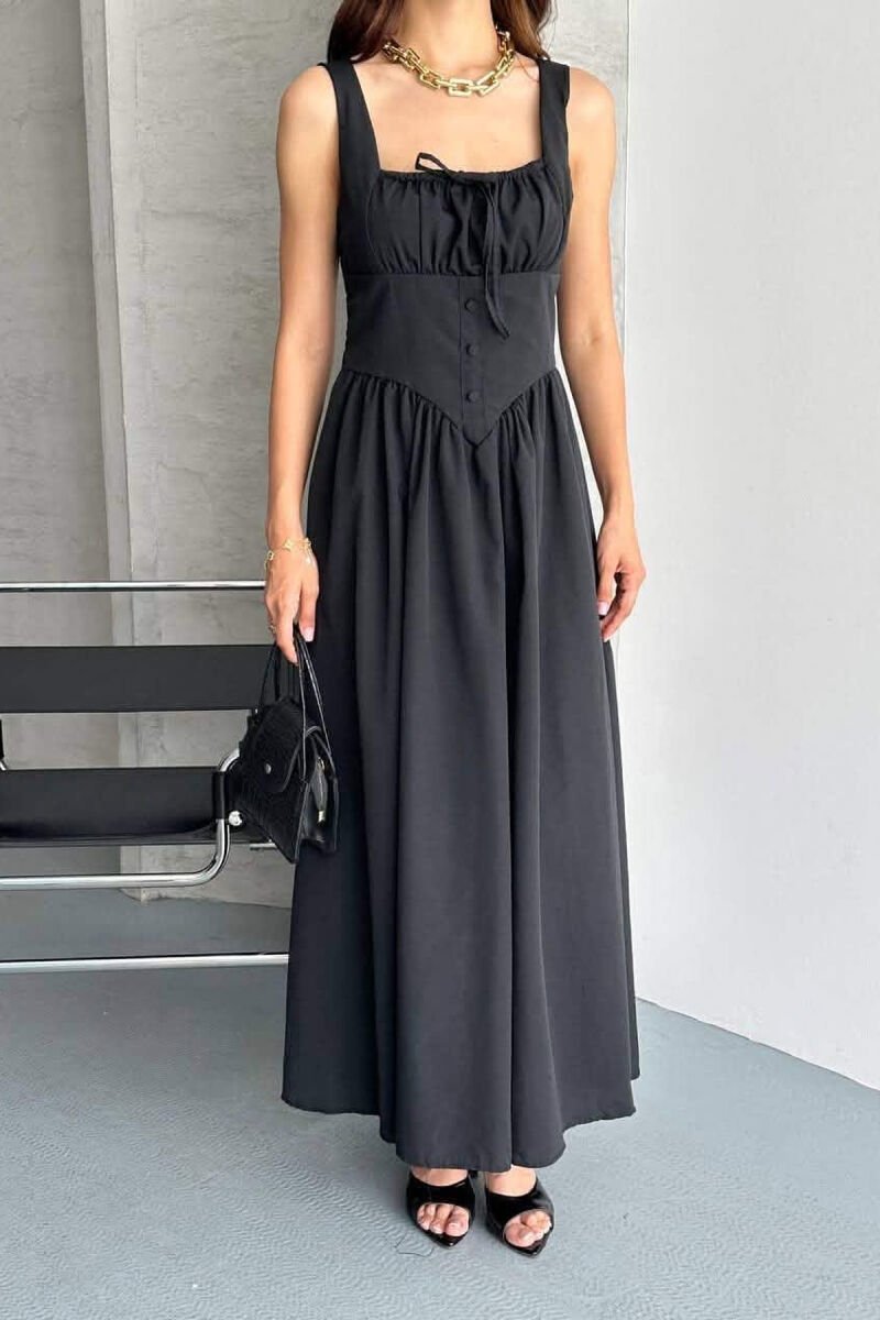 ONE COLOR THICK STRAPS LONG WOMEN DRESS BLACK/ E ZEZE - 4