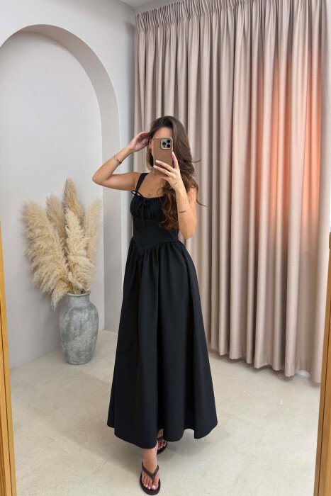 ONE COLOR THICK STRAPS LONG WOMEN DRESS BLACK/ E ZEZE 