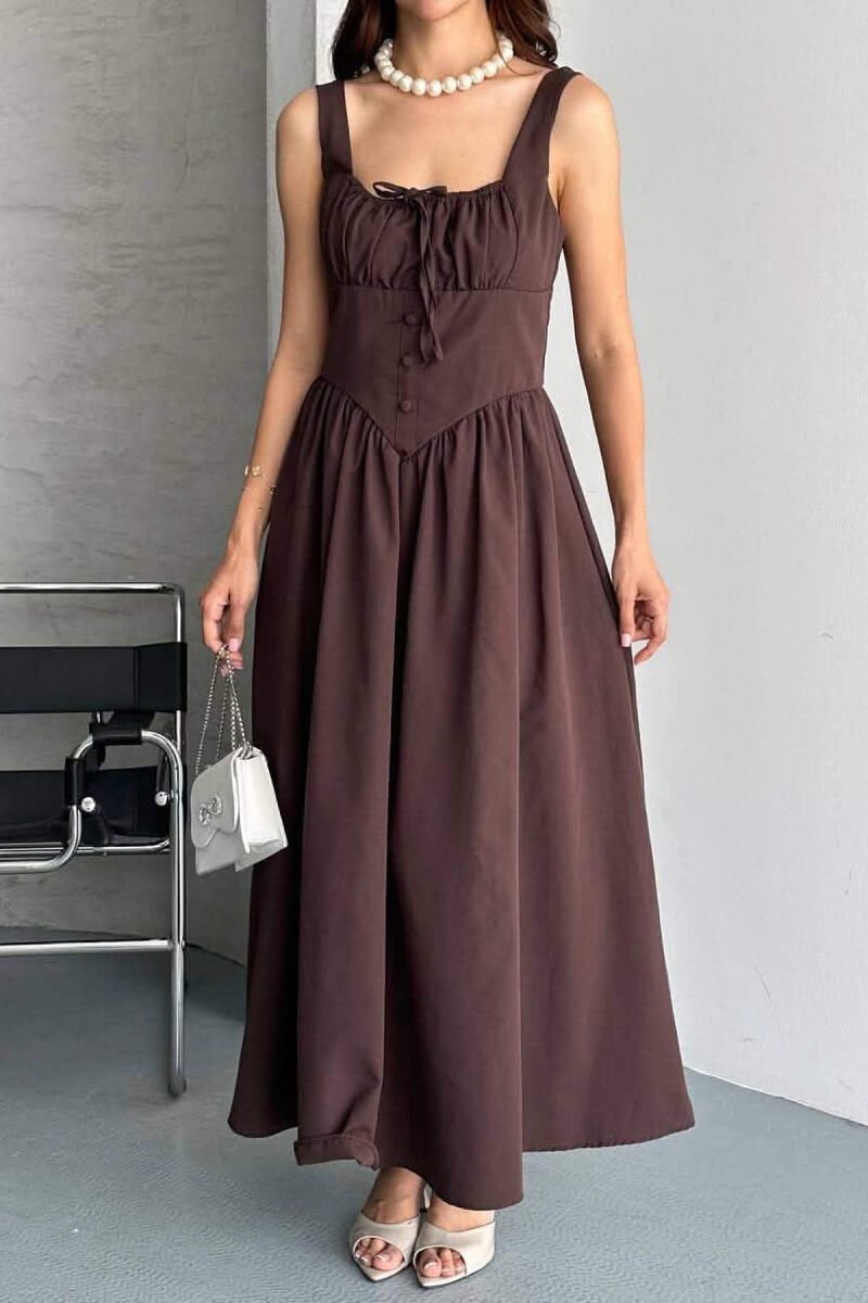 ONE COLOR THICK STRAPS LONG WOMEN DRESS BROWN/KAFE - 2