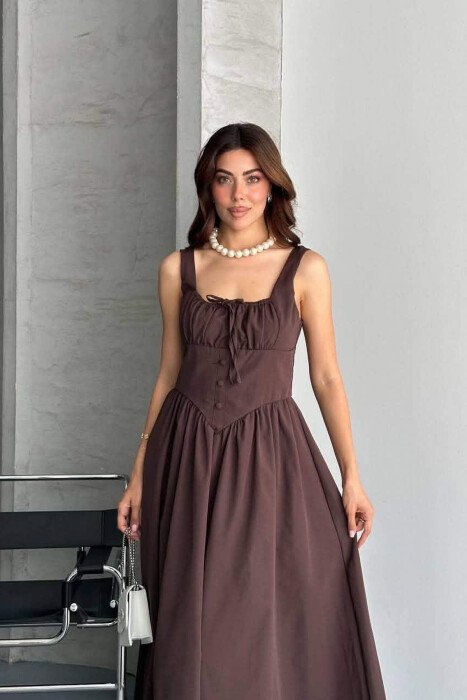 ONE COLOR THICK STRAPS LONG WOMEN DRESS BROWN/KAFE - 4