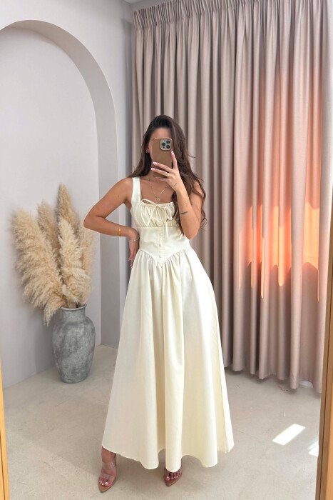 ONE COLOR THICK STRAPS LONG WOMEN DRESS CREAM/KREM - KLAUDIO FASHION
