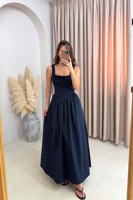 ONE COLOR THICK STRAPS LONG WOMEN DRESS DARK BLUE/BEE 