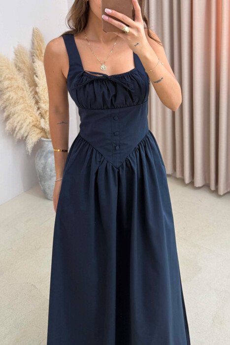 ONE COLOR THICK STRAPS LONG WOMEN DRESS DARK BLUE/BEE - 2