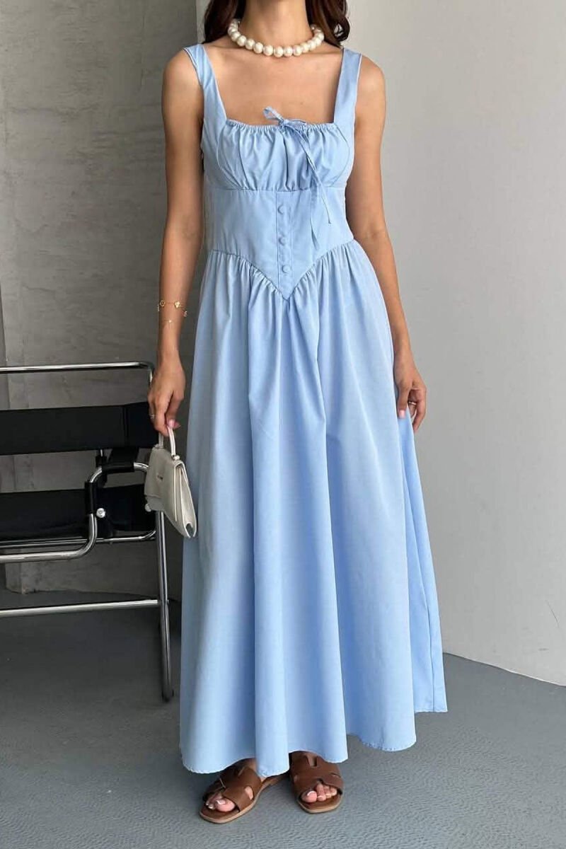ONE COLOR THICK STRAPS LONG WOMEN DRESS LIGHTBLUE/BZ - 2