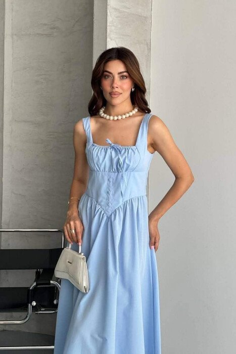 ONE COLOR THICK STRAPS LONG WOMEN DRESS LIGHTBLUE/BZ - 3